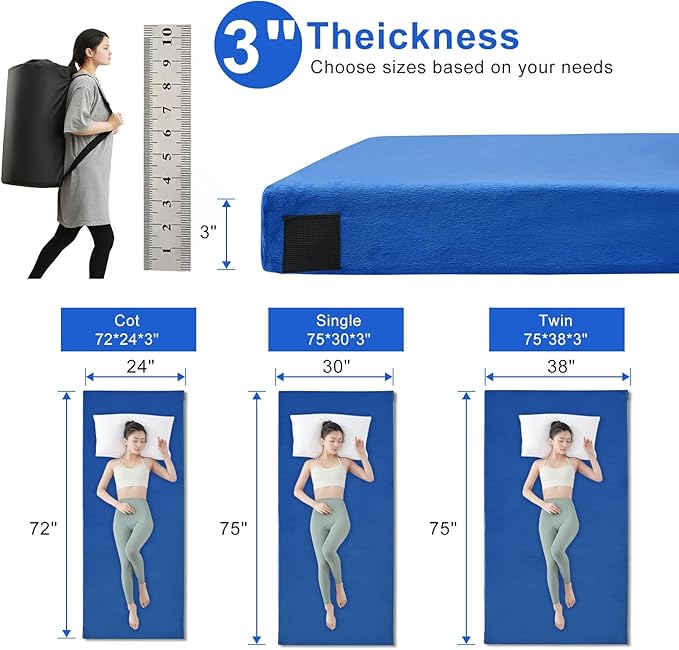Memory Foam Camping Mattress pad Comfortable Thick Floor Sleeping Mat for Adults with Waterproof and Non-Slip Bottom Portable Roll Up Mattress for Sleepover GuestCot Mad for Car Camping