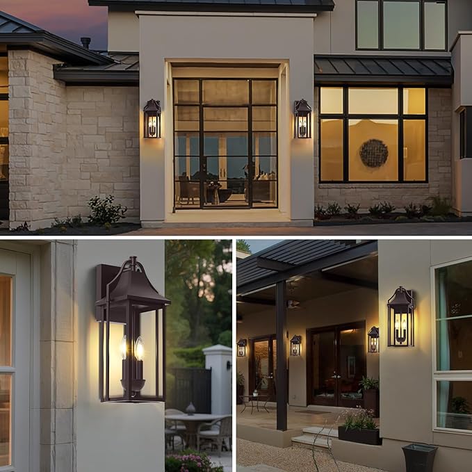 𝟏𝟖𝑰𝑵 Outdoor Wall Sconce Fixtures Dusk to Dawn Patio Lights Waterproof Exterior Lanterns 2-Light Modern Wall Light Mounted with Glass Brown Outside Lights for House Front Door Decor