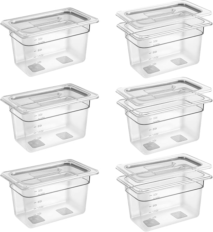 6 Pack 1/4 Size 6'' Deep Clear Food Pans with Lids Commercial Food Pans Polycarbonate Transparent Food Storage Containers Stackable Plastic Pan with Capacity Scale Restaurant Supplies Hotel Pan