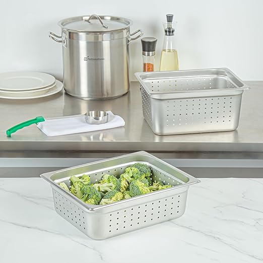 Restaurantware Steam Table Pan 6 Pack of Half Size Stainless Steel Perforated Hotel Pan Anti-Jam 4 Inch Deep Silver Commercial Kitchen Pan 24 Gauge