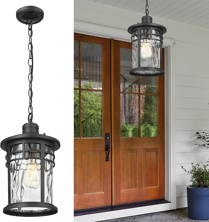 Darkaway Large Outdoor Pendant Lights for Porch 15inch Outdoor Chandelier Hanging Porch Lights Outside Ceiling Mount Aluminum with Water Ripple Glass for Front Porch Gazebo Patio