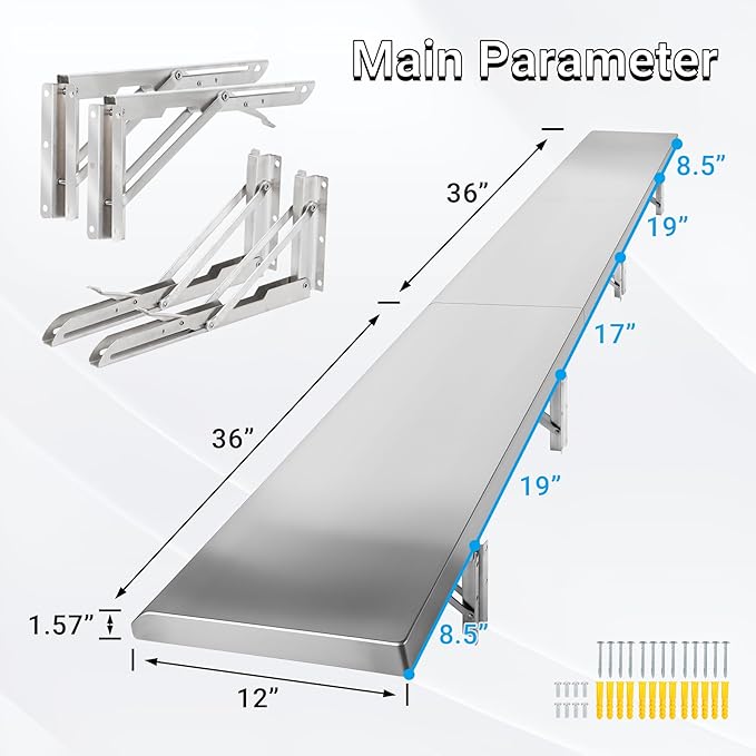 Folding Concession Shelf 72 x 12 Drop Down Concession Serving Window Stainless Steel Folding Shelf Serving Food Shelf for Windows