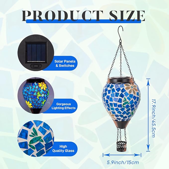 Hummingbird Solar Hot Air Balloon Lantern with Flame Blue Hanging Mosaic Solar Lantern Outdoor Waterproof Outdoor Solar Lights for Yard Gardening Gift for Mom Grandma Women