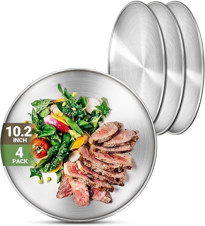 Metal Dinner Plate 4 Pack 10.2 inch 304(18/8) Stainless Steel Plates Reusable lunch salad Pizza BBQ Food Serving Snack Eating Dishes Round Shatterproof Plate Silver Dinnerware Oven Safe