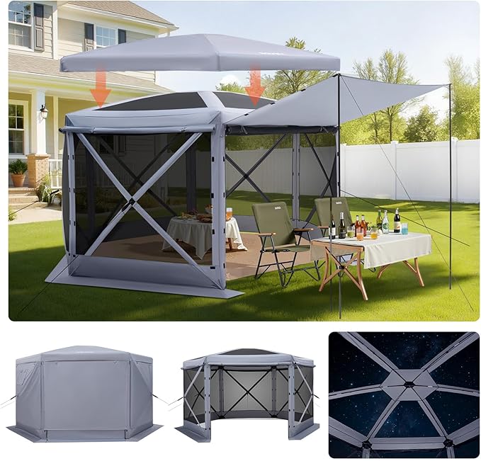 VEVOR Pop up Gazebo Screen Tent 12 x 12 ft Large 6-Sided Camping Canopy Tent with Removable Top &amp Carry Bag Quick-Set &amp Bite-Proof Screen House Sun Shelter for 8-10 Persons Backyard Patio