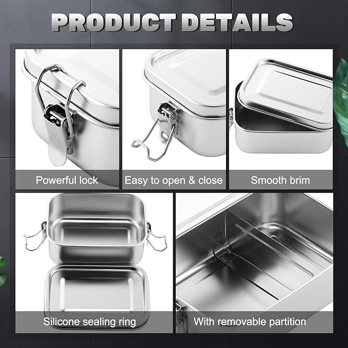 Umigy 3 Pcs Stainless Steel Food Containers 1200/1400/2400ml Metal Bento Lunch Box Stainless Steel Food Storage Containers Lockable Clips to Leak Proof Reusable Dishwasher Snack Boxes for Work
