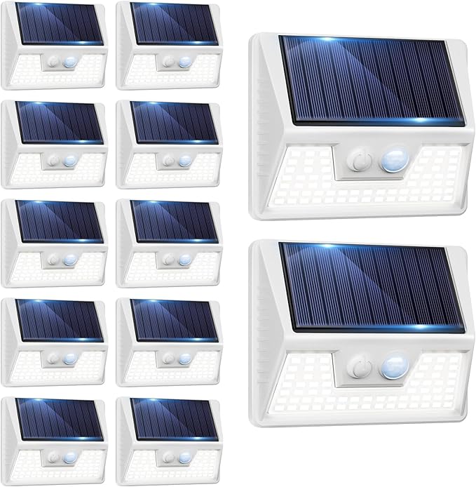 12 Pack Solar Lights Outdoor Motion Sensor Waterproof Fence Lights with 3 Lighting Mode Cool White LED Security Deck Lights for Outside Wall Yard Steps Stairs Garden - White