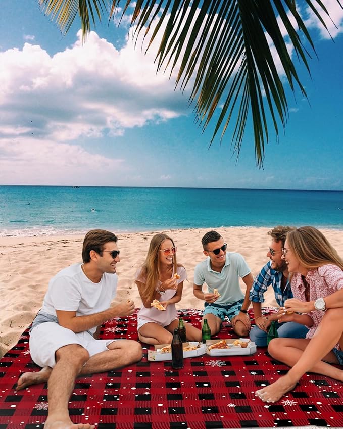 Beach Blanket Waterproof Sandproof Classic Black and Red Buffalo Plaid Quick Drying Beach Mat with 4 Stakes Winter Christmas Snowflakes Lightweight Picnic Blanket for Travel Camping Outdoor 83x79