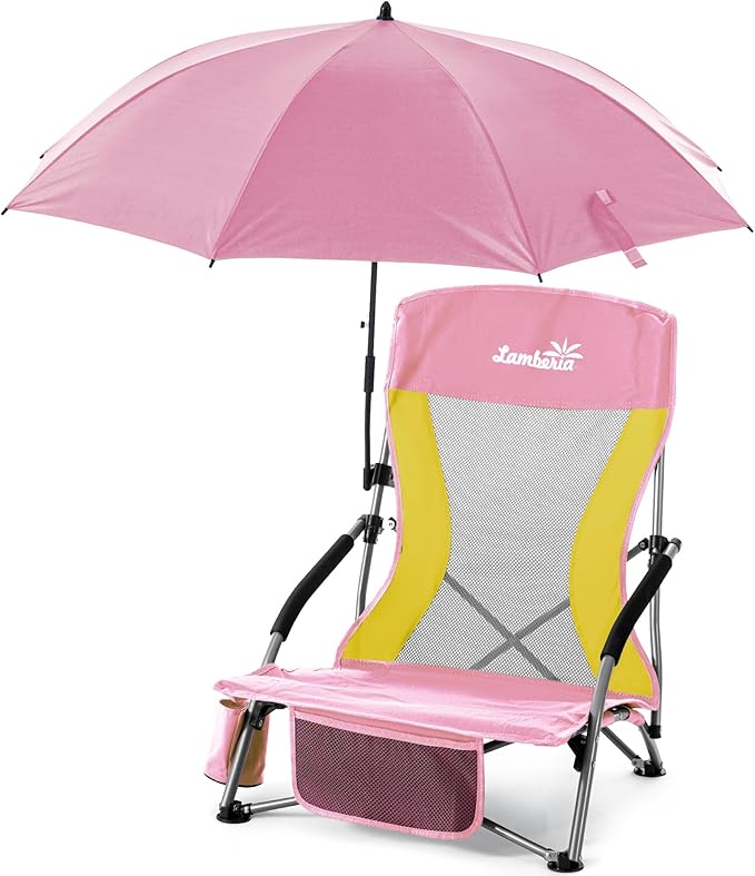 Lamberia Folding Beach Chair with Umbrella for Adults Portable Low Beach Chairs with 300lbs Capacity Lightweight Fodable Camping Chair for Travel Picnic Concert &amp Outdoor Activities Pink-Yell