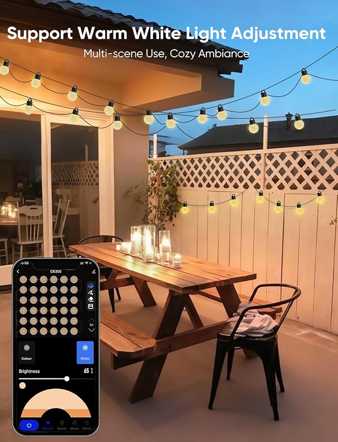 APPECK Outdoor String Lights 100ft RGBW Color Changing Patio Lights with 50 Dimmable LED Bulbs 111 Scene Modes IP65 Waterproof Lighting for Outside Party Backyard Pool Compatible with Alexa
