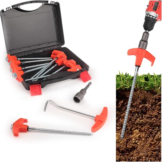 12 Pcs Tent Stakes Heavy Duty 8 inch Ground Anchors Screw in Screw in Tent Stakes Camping Stakes with Storage Box Threaded Tent Spikes with Hex Head Driver and Stake Puller Ground Stakes