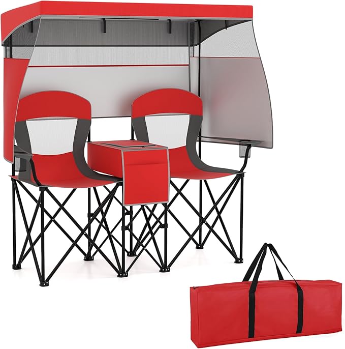 S AFSTAR Camping Chair with Canopy 2-Person Folding Beach Chair with Cup Holders 3-Side Shading Curtains &amp Cooler Bag Foldable Loveseat Lawn Chair for Camping Outdoor &amp Fishing (Red)