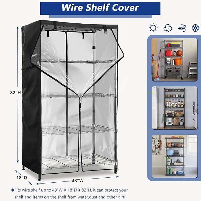 Wire Shelf Cover600D Heavy Duty 100% Waterproof Shelf Covers for Wire ShelvingOutdoor Storage Shelves Cover for Metal Rack48 W x 18 D x 82 HBlack with Clear Front