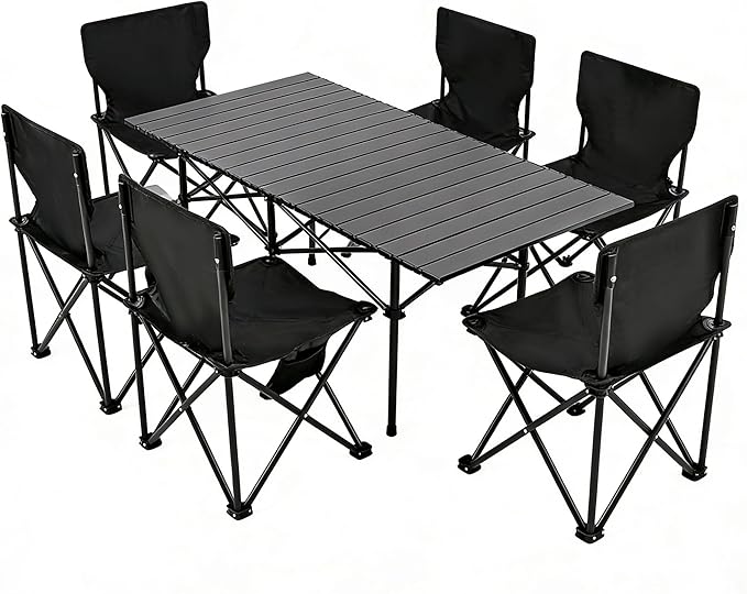 Camping Table Folding Portable Camp Table with 6 Chairs Folding Picnic Table with Carry Bag Indoor Outdoor for Camping Beach Patio RV Backyard BBQ Sturdy Stable Easy to Carry Black