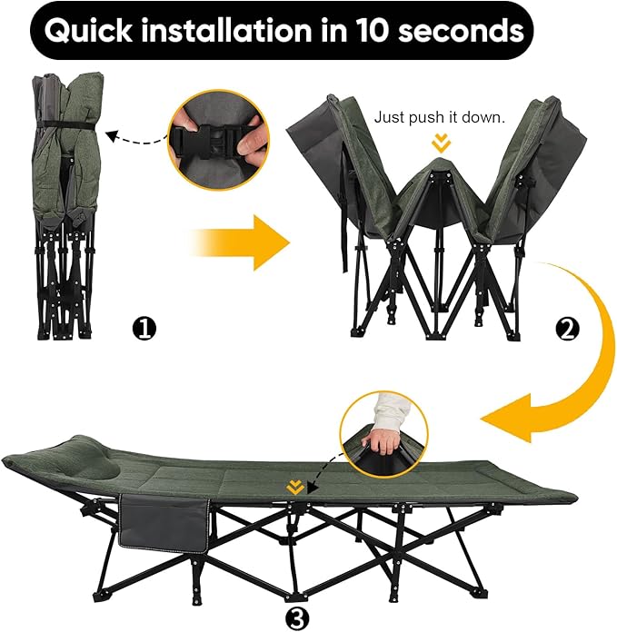 Northroad Camping Cot for Adults with Cushion and Pillow Portable Folding Bed for Sleeping Lightweight Tent cot with Carry Bag Supports 450 lbs (Green)
