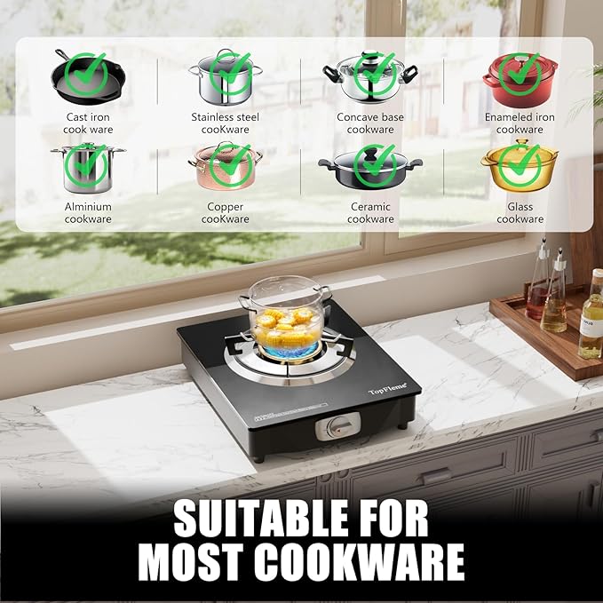 1 Burner Propane Stove 13600 BTU High-Efficiency Tempered Glass Auto-Ignition Gas Burner Stove Top with CSA Hose for Outdoor RV Camping Emergency Cooking