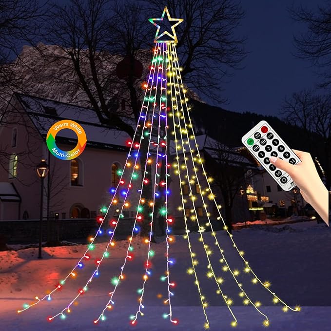 Christmas Decoration Lights Outdoor String Lights 320 LED 11.5 Ft Waterfall Tree With Big Star Topper 8 Modes for New Year Holiday Garden Yard Indoor Outdoor Decor