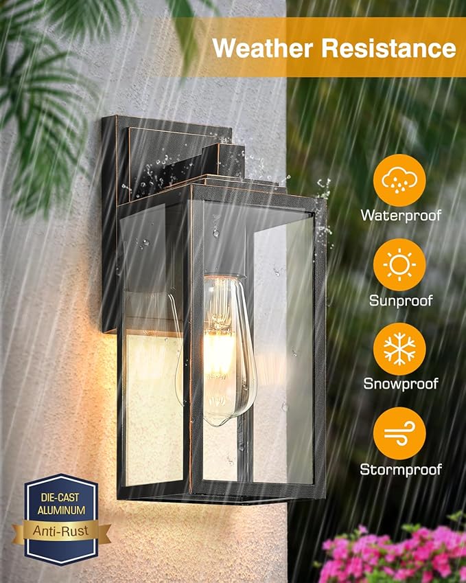 VIANIS Exterior Lights for House Outdoor Wall Sconce Lantern Black Outdoor Light Fixtures Lantern with Clear Toughened Glass Shade for Garage Garden Patio Waterproof100% Aluminum