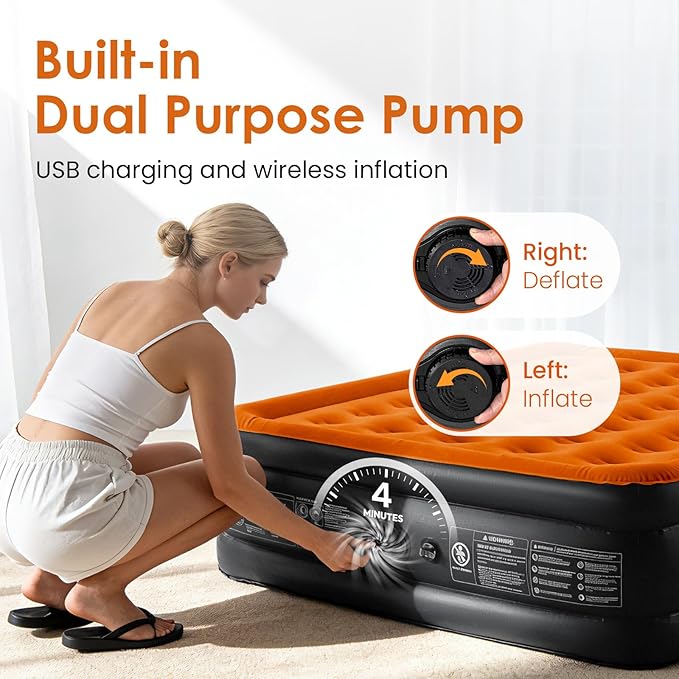 Lamberia Air Mattress with Built in 2 Purpose Pump 18 Raised 660lbs Max Comfort Inflatable Mattress Blow up Mattress Portable Air Bed for Camping Guests Home Colchon(Orange BlackQueen)