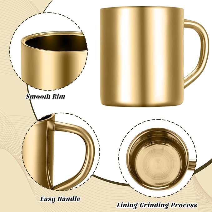 Cunhill 4 Set Small Stainless Steel Coffee Mug 7.5oz/220ml Double Walled Cups Camping Mug with Handle Metal Dishwasher Safe Tea Cups for Home Travel Camping Outdoors Rv Keep Drinks Hot (Gold)