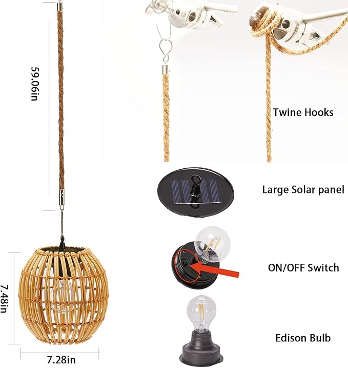 Livinlarge Hanging Solar Lantern Outdoor Waterproof Large Solar Rattan Lantern Outdoor with Twine Handle Bright Outdoors Hanging Lights with Edison Bulb for Garden Patio Yard Decoration
