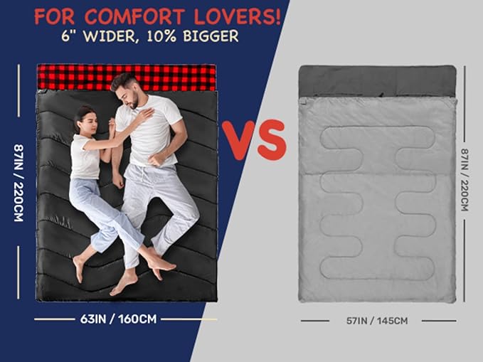 XL Queen Size 2 Person Double Sleeping Bag for Adults Lightweight Compact with Flannel Liner &amp Thermolock Draft Tube Machine Washable All Season Camping Travel