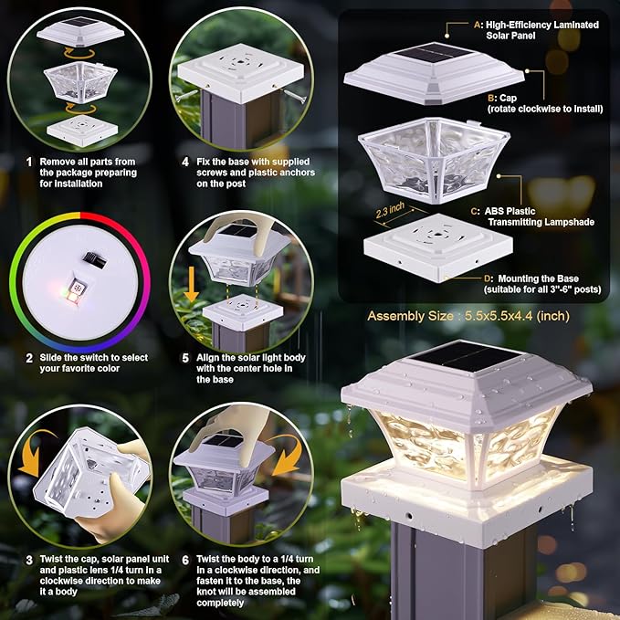Solar Post Cap Lights Warm White/RGB Automatic Cycling/Fixed RGB Color 9 Colors to Choose 20 Lumens Fence Post Solar Lights for 3.6x3.6 4x4 4.5x4.5 5x5 Wooden/Vinyl Posts White 6 Pack