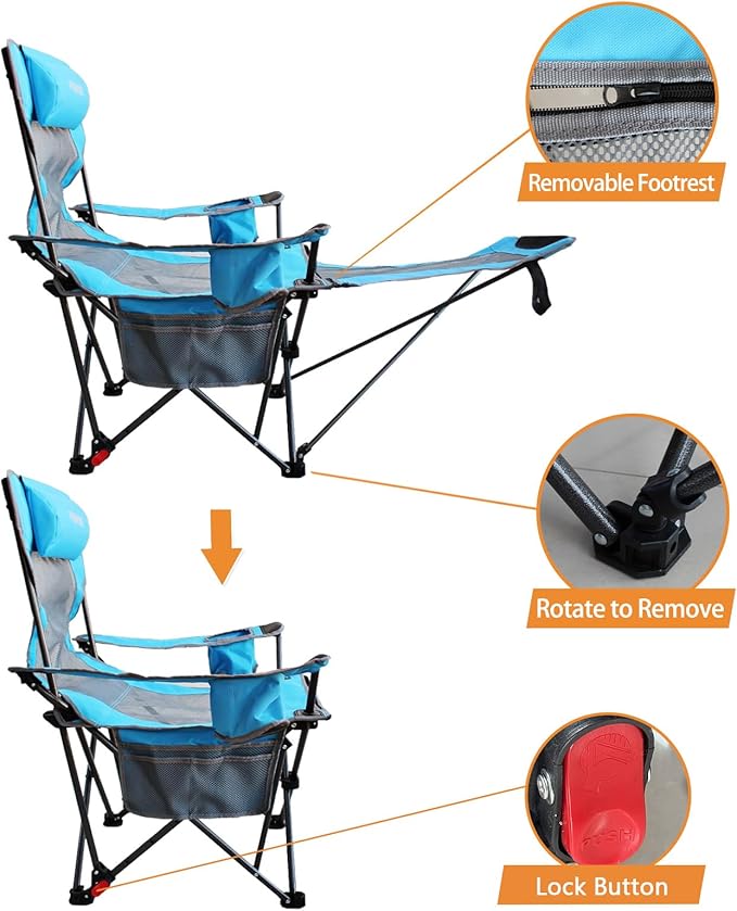 Reclining Camping Chair with Removable Footrest Lounge Chair with Headrest Cotton Cushion Portable Adjustable Folding Chairs