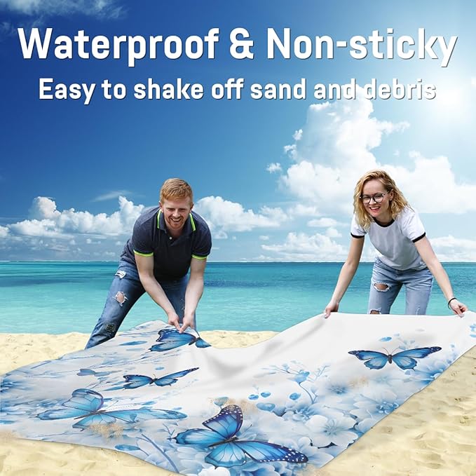 Waterproof Sandproof Beach Blanket 59''×68'' Butterfly Polyester Outdoor Picnic Blanket with 4 Stakes &amp Storage Bag for BeachCampingVacation Light Blue