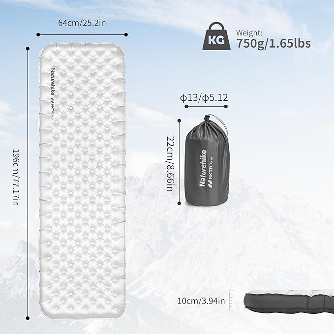 Naturehike 20oz Ultralight Sleeping Pad with Sidewalls Insulated Inflatable Sleeping Pad 6.5R Lightweight Sleeping Mat for Camping Hiking Backpacking 10cm Thickened