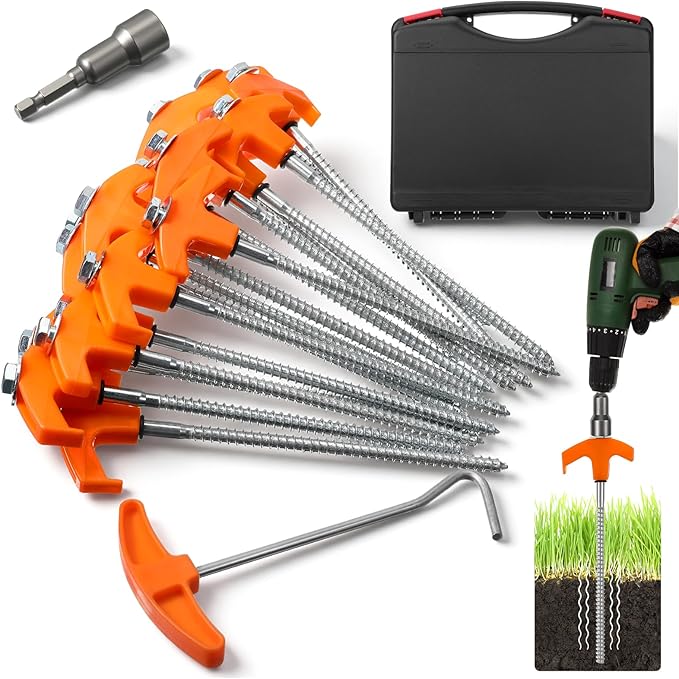 20 Pcs 8 Heavy Duty Screw in Tent Stakes with Hex Heads and Storage Box Metal Threaded Tent Stakes Ground Anchors for Camping Swing Canopies (Orange)