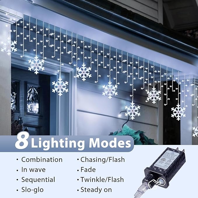 Minetom Snowflake Icicle Lights Outdoor 20FT 200 LED Icicle Christmas Lights with Timer 24 Drops 8 Modes Waterproof Christmas Light for Outdoor Outside Holiday Decoration Pure White