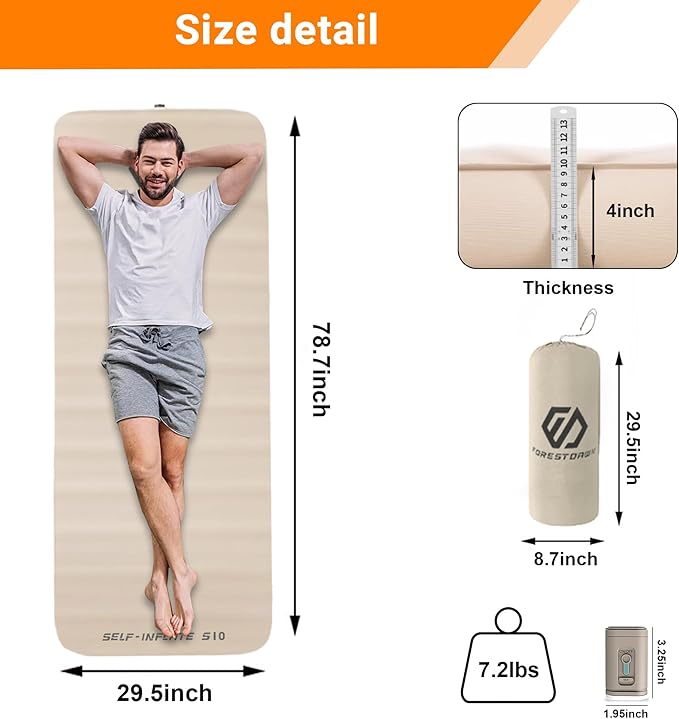 Self Inflating Sleeping Pad4 Extra Thick Memory Foam Camping Pad 60S Fast Air Self-Inflating Camping Mattress Pads 4 Season Sleeping Mat for Camping Rooftop Tent Car Truck Van