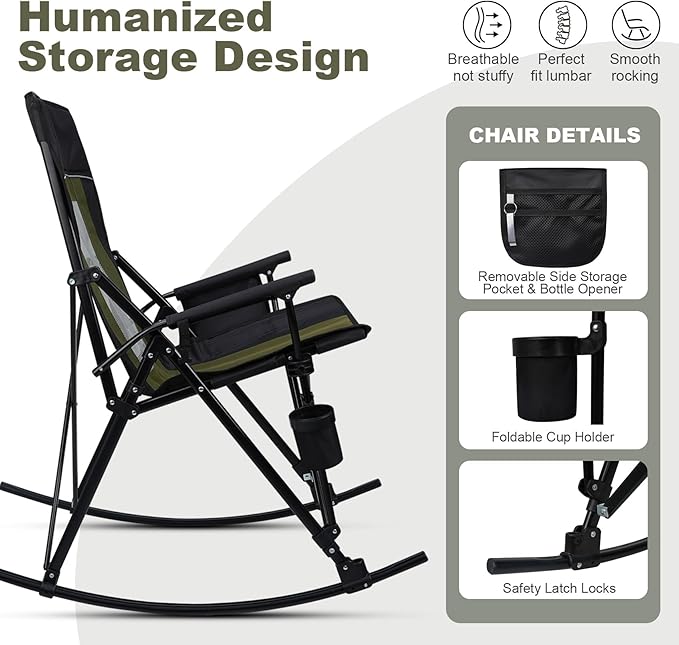 Folding Rocking Camping Chair Portable Outdoor Rocker with High Mesh Back Handrail Bars Carry Bag Cup Holder Bottle Opener Supports 400 lbs Black&ampGreen