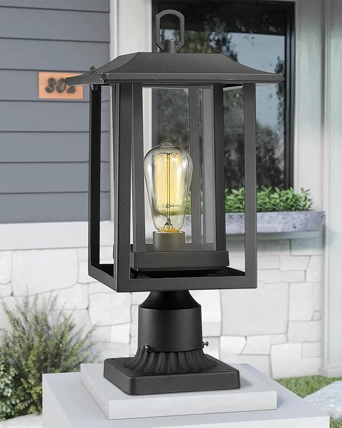 Beionxii Outdoor Post Light Large Exterior Lamp Post Light Pier Mount Lantern with Base Black Cast Aluminum w/Clear Glass (19 x 9) - A197P-1PK