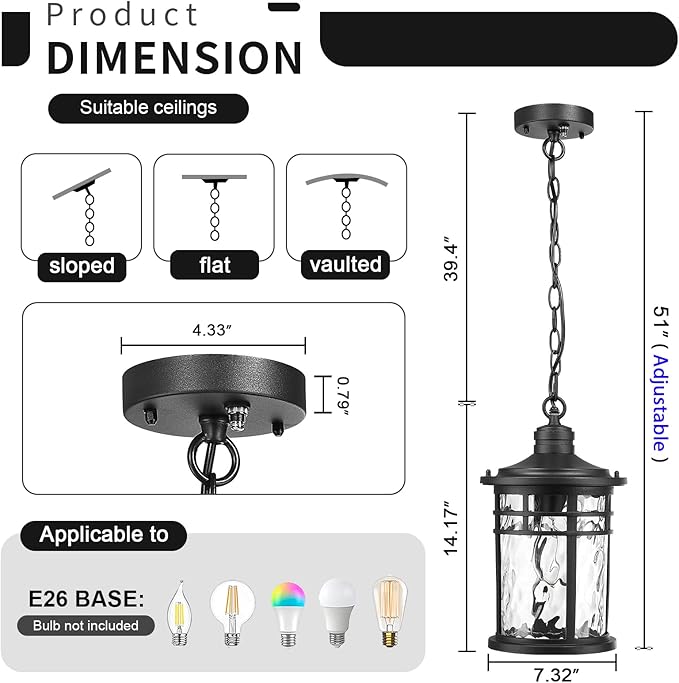 Darkaway Dusk to Dawn Outdoor Pendant Light 14inch Hanging Porch Light Outdoor Chandelier Ceiling Mount Waterproof Pendant Lights with Water Ripple Glass for Patio Entrance Foyer Entryway