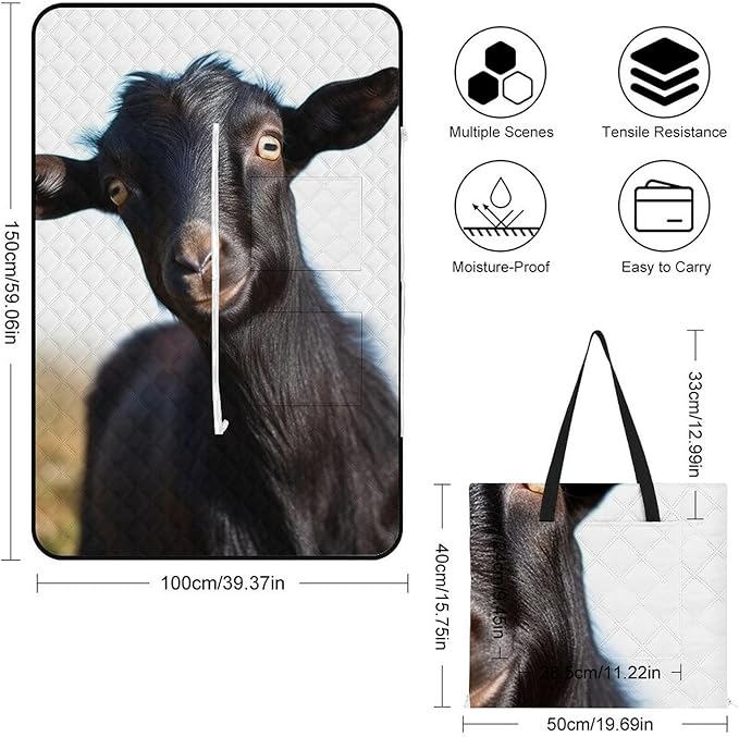 Zipper Cute Black Goat Animal Style Picnic Mat Suitable for Travel Camping Park Or Home Use