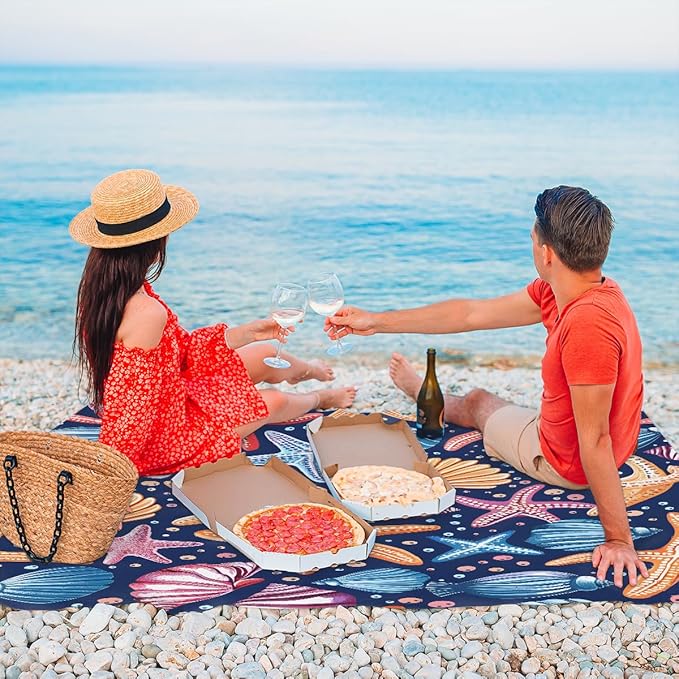 Waterproof Sandproof Beach Blanket 59''×68'' Vintage Ocean Polyester Outdoor Picnic Blanket with 4 Stakes &amp Storage Bag for BeachCampingVacation Blue