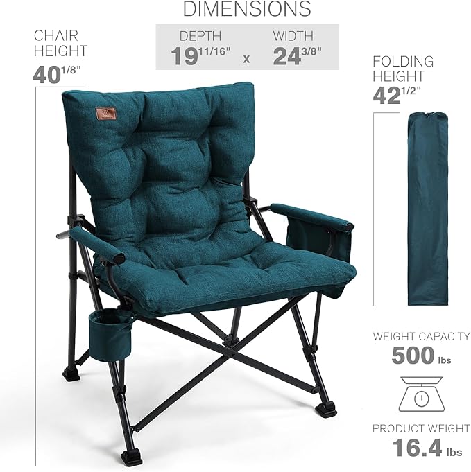 EVER ADVANCED Padded Oversized Folding Camping Chair for Adults Heavy Duty Lawn Chair with Side Pockets Portable Collapsible Quad Chair for Outside Support Up to 500lbs Green
