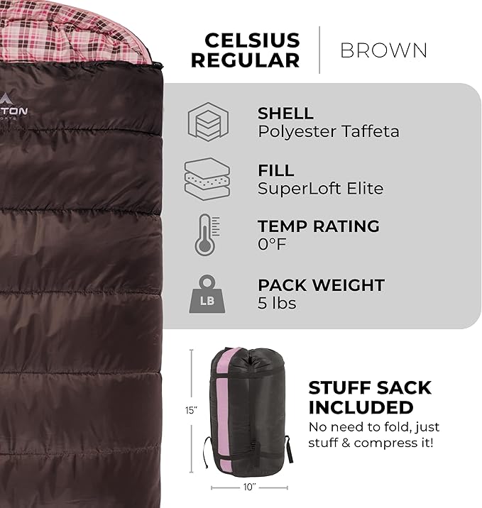 Teton Celsius Regular 25F 20F 0F Degree Sleeping Bags All Weather Bag for Adults and Kids Camping Made Easy and Warm Travel Sack Included