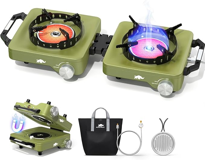 2 Propane Burners Camping Stove 30000 BTU Folding Camp Stove with Windproof Grates and Frying Pan Portable Camping Stoves with Carrying Bag Camping Essentials for Tailgating/Grilling/Coffee Green