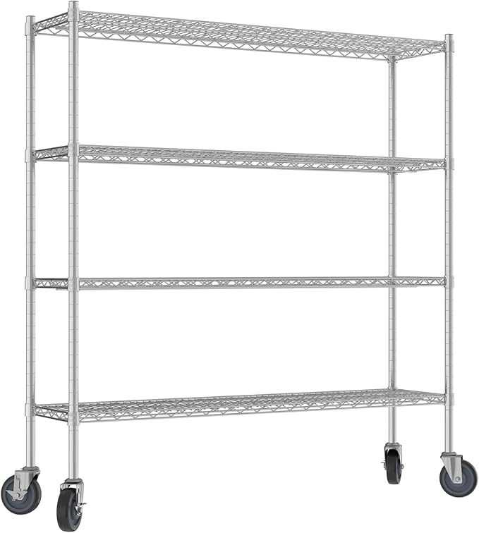 Commercial NSF Listed Chrome Mobile Wire Shelving Kit 14 x 54 x 60 with 4 Shelves Perfect for Warehouse Walk-in Refrigerator Freezer Grocery Store Restaurant Dishroom