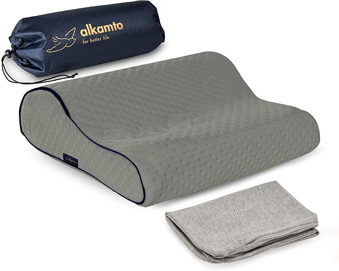 alkamto Travel &amp Camping Comfortable Memory Foam Pillow – Easy to Carry Portable Bag – Temperature Regulating Pillow Case (Grey Contour + Extra Cover)