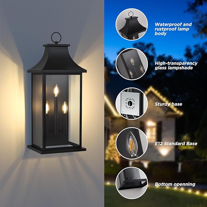Extra Large Outdoor Wall Lights Outside Lights Exterior Lighting Fixtures Wall Mount Wall Sconce Light Outdoor Lanterns for Porch Black 28 3-Light 1-Pack