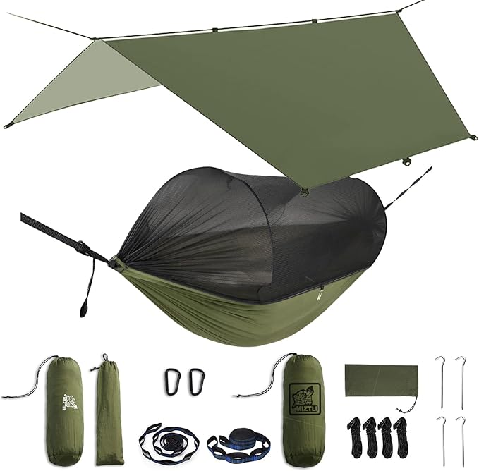 Miztli Camping Hammock with Net &amp Rain Fly All-in-1 - Double &amp Single Portable Hammock Ripstop Nylon Complete Kit w/Adjustable Tree Straps for Backpacking Outdoor Travel