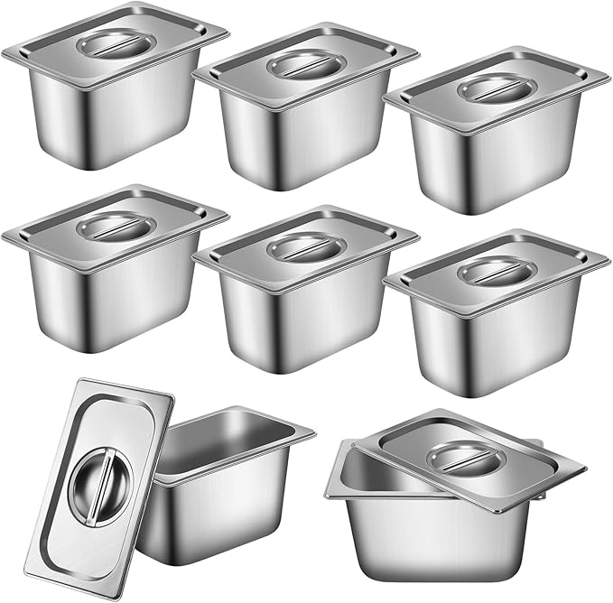 1/4 8 Pack Stainless Steam Hotel Pans with Lids 6 Deep 1.2 mm Thick Stainless Steel Jam Steam Pan Catering Storage Metal Food Pan for Restaurant Hotel Party