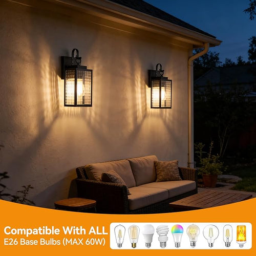 2 Pack 11.8-inch Dusk to Dawn Outdoor Wall Lights IP65 Waterproof All-Metal Frame Checkered Glass Fixtures Butterfly Wing Effect Black Outdoor Light Fixture for Front Door Porch Garage