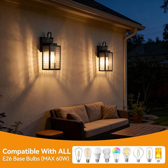 11.8-inch Dusk to Dawn Outdoor Lighting with Checkered Glass IP65 Waterproof All-Metal Black Exterior Light Fixture Outdoor Porch Light for Front Door Garage Patio
