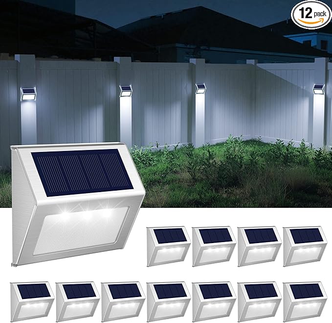 JSOT Outdoor Fence Lights12 Pack Solar Powered Deck Lights Waterproof Stairs Light Stainless Steel Security Wall Lamps for Step Walkway Patio Garden Pathway - Cool White
