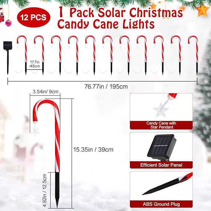 Lewondr 15 Solar Christmas Candy Cane Lights Outdoor Pathway Stake Lights with 2 Modes 108 LED Beads Waterproof Outside Xmas Decorations with Star Decor Lights for Yard Garden Holiday 12 Pack